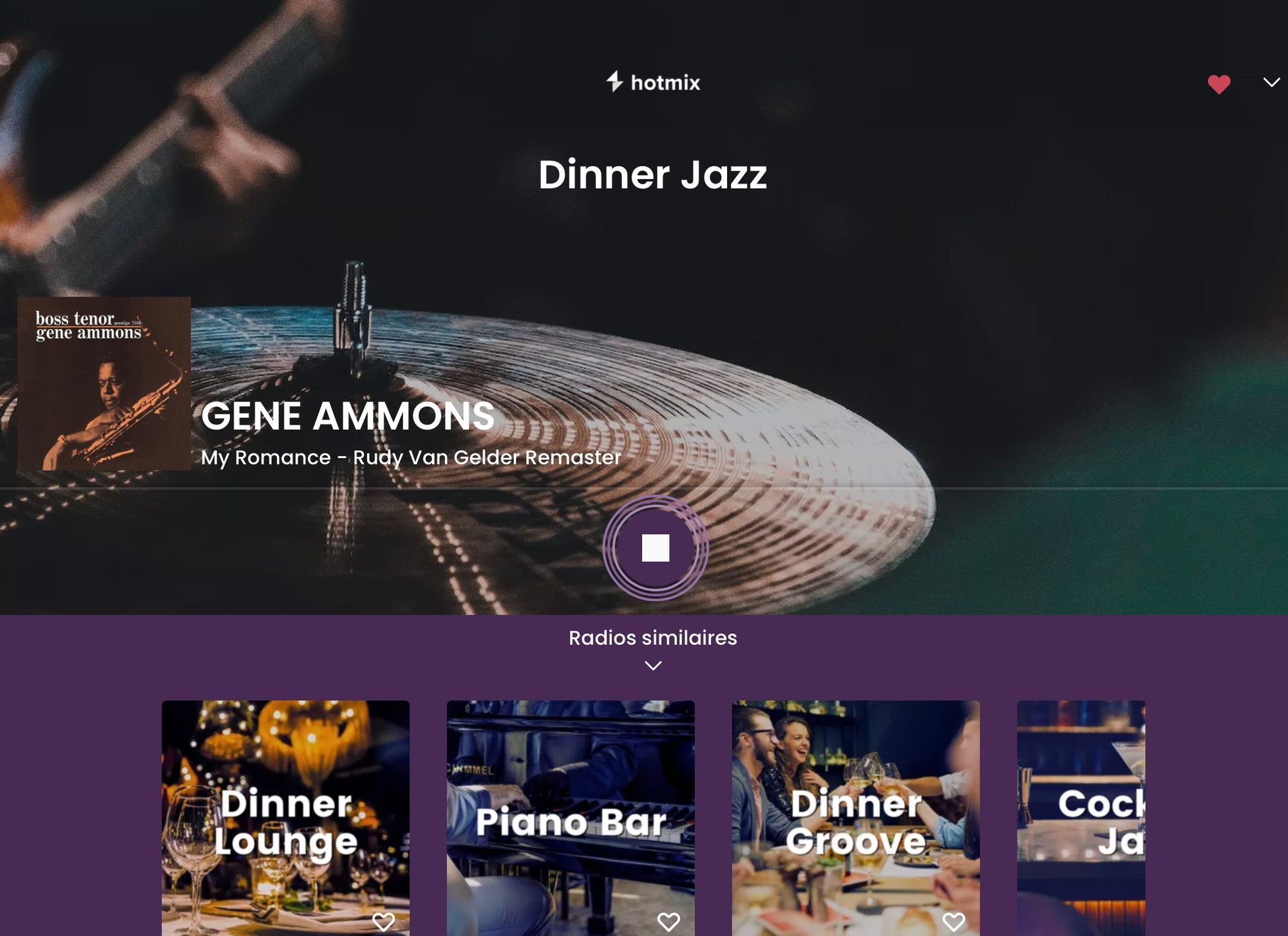 Capture d'écran de Hotmix (ex-Hotmixradio) avec la chaîne Dinner Jazz et des radios similaires