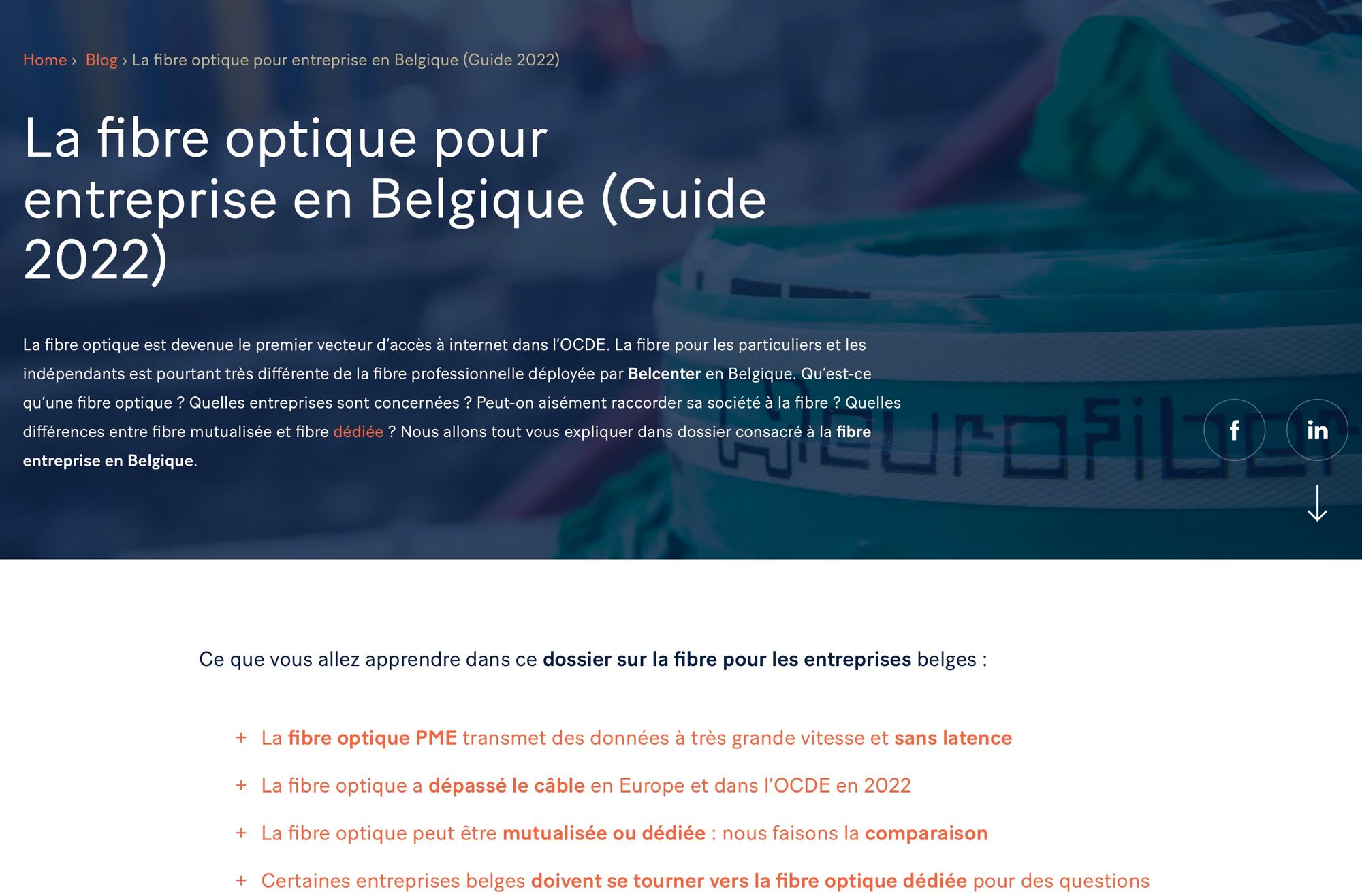 Capture d'écran d'un guide sur la fibre optique d'entreprise pour l'opérateur belge Belcenter