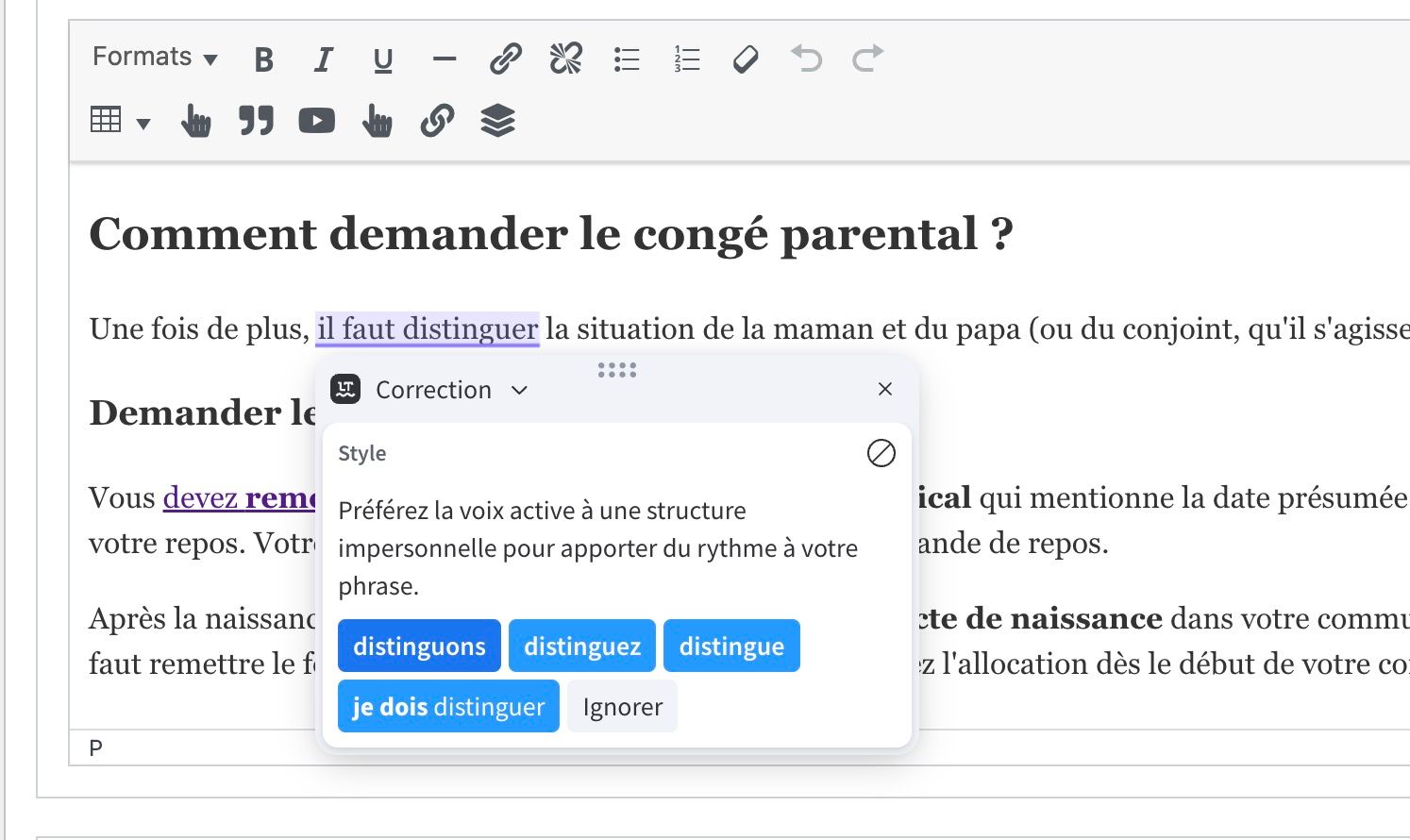 Le style d'un texte en français corrigé avec LanguageTool